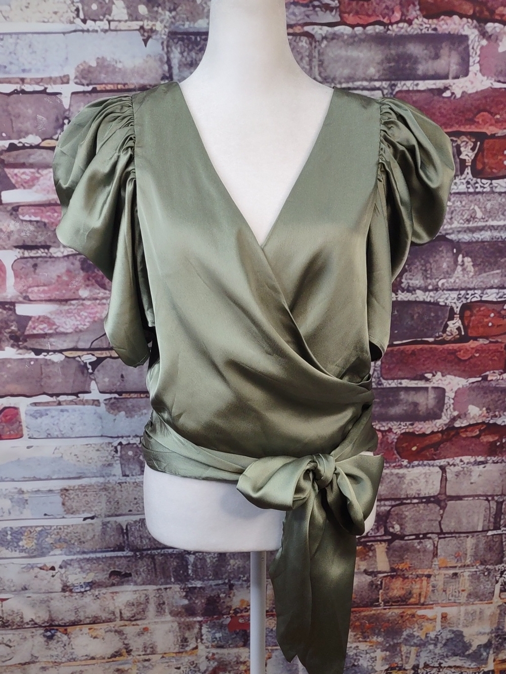 The Clothing Company Sage Green Satin Wrap Top with Puff Sleeves